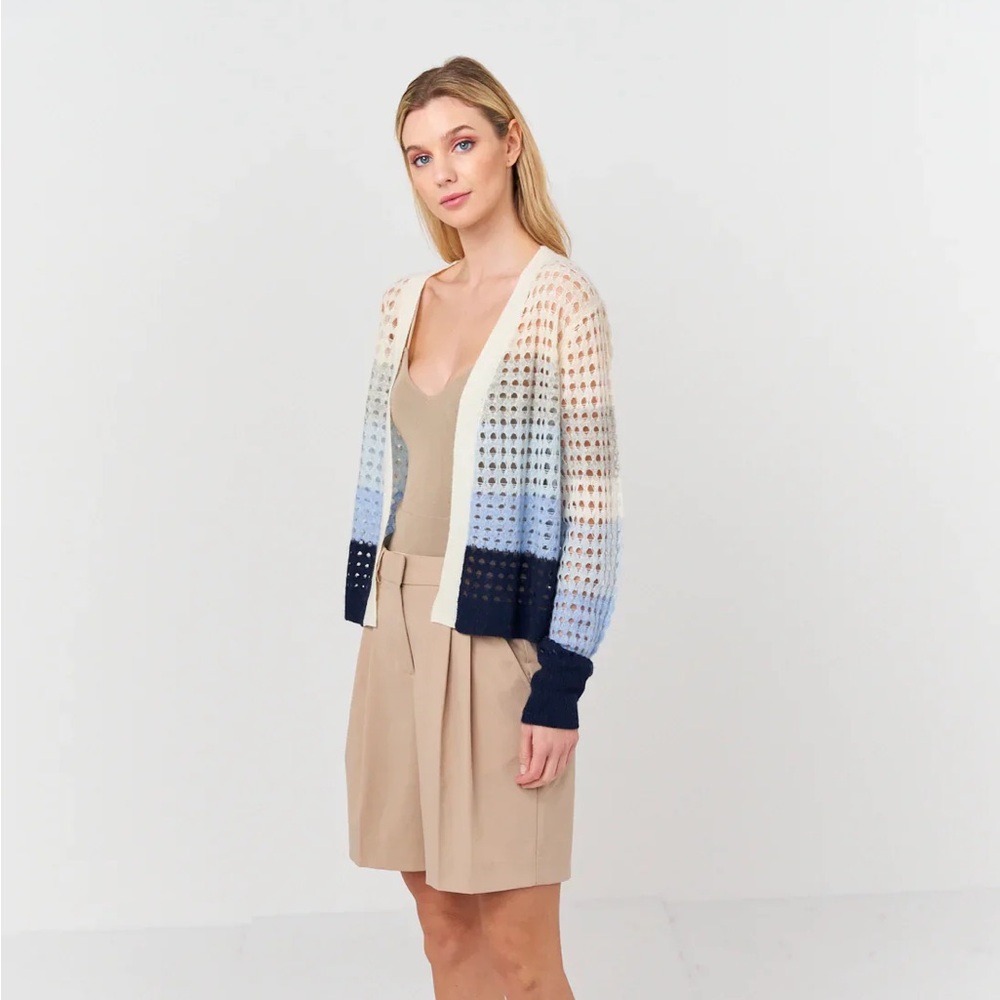 Brodie Open-Knit Gradient 100% Cashmere Cardigan Sweater Cream Blue Sz Large